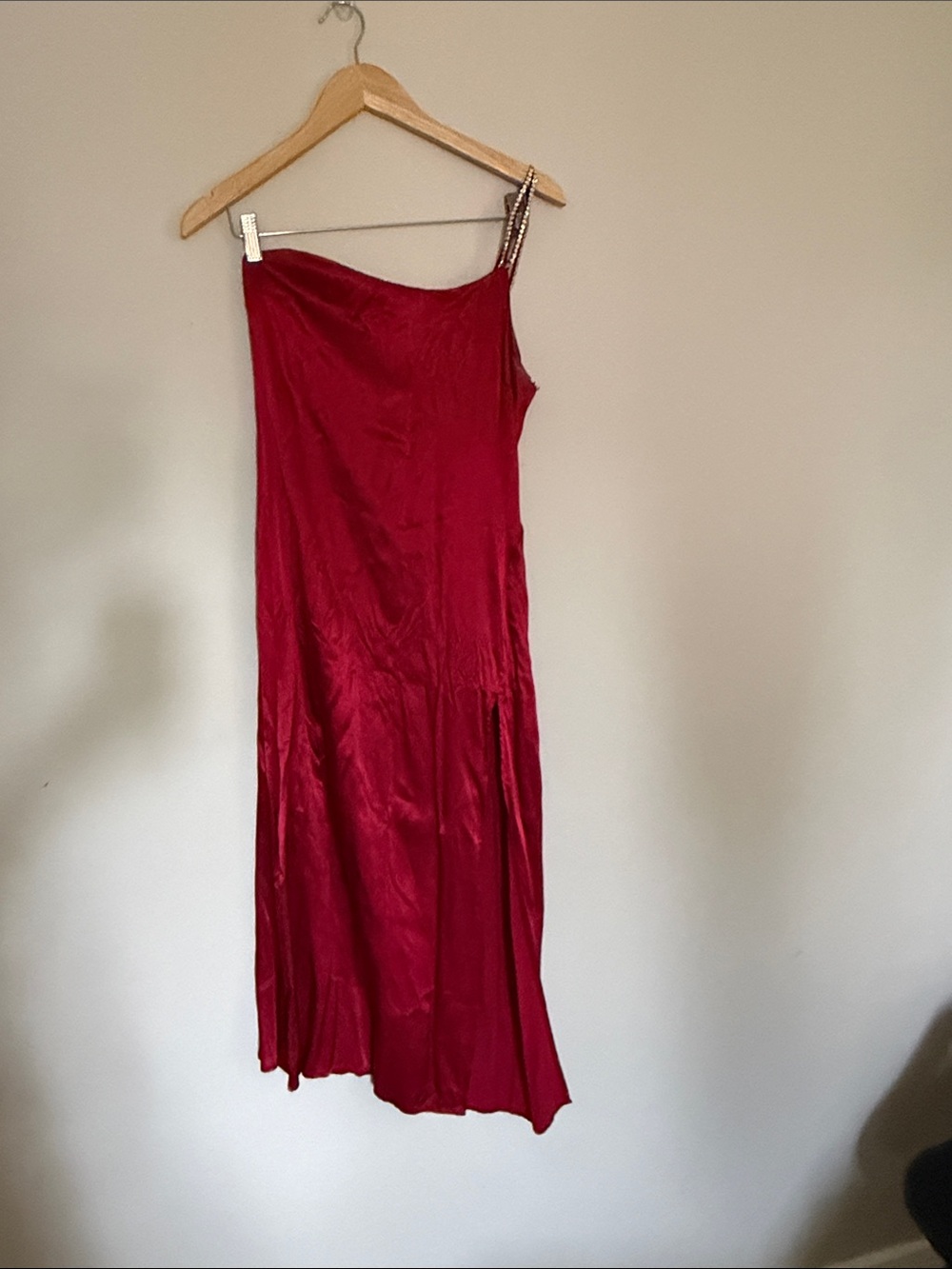 For Love & Lemons Red One-Shoulder Satin Maxi Skirt with Beaded Strap
